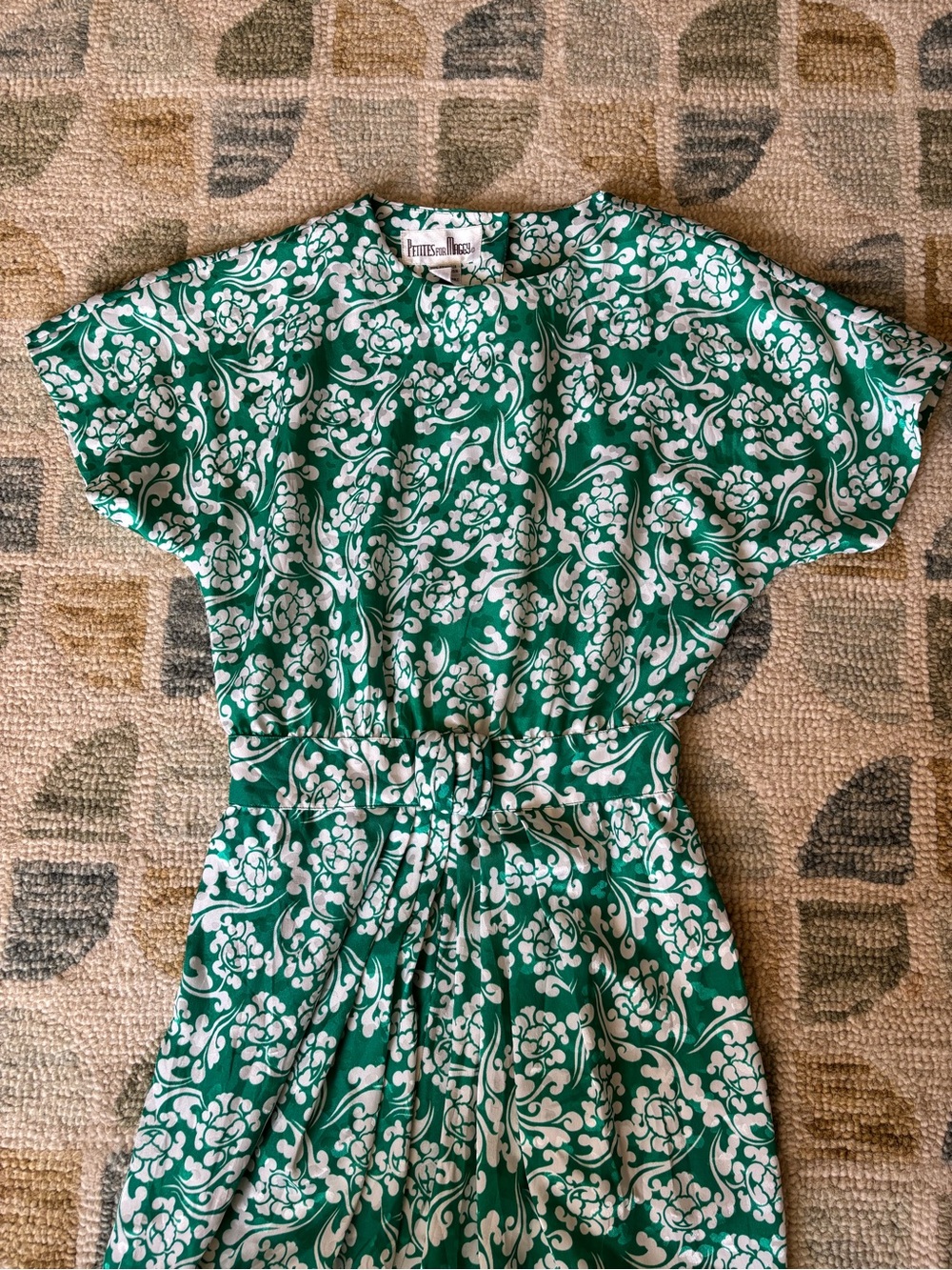 Vintage 80s Green Floral Cinch Waist Women's A-Line Dress